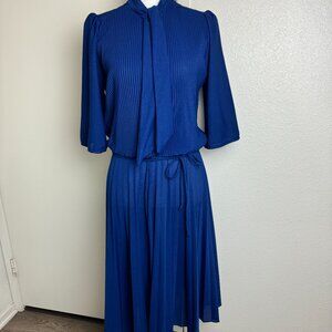 Vintage Pleated Blue Midi Dress Collar Tie Size 10
